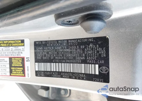 2022 Toyota Camry Le from USA, damaged, VIN 4T1C11AK9NU666768